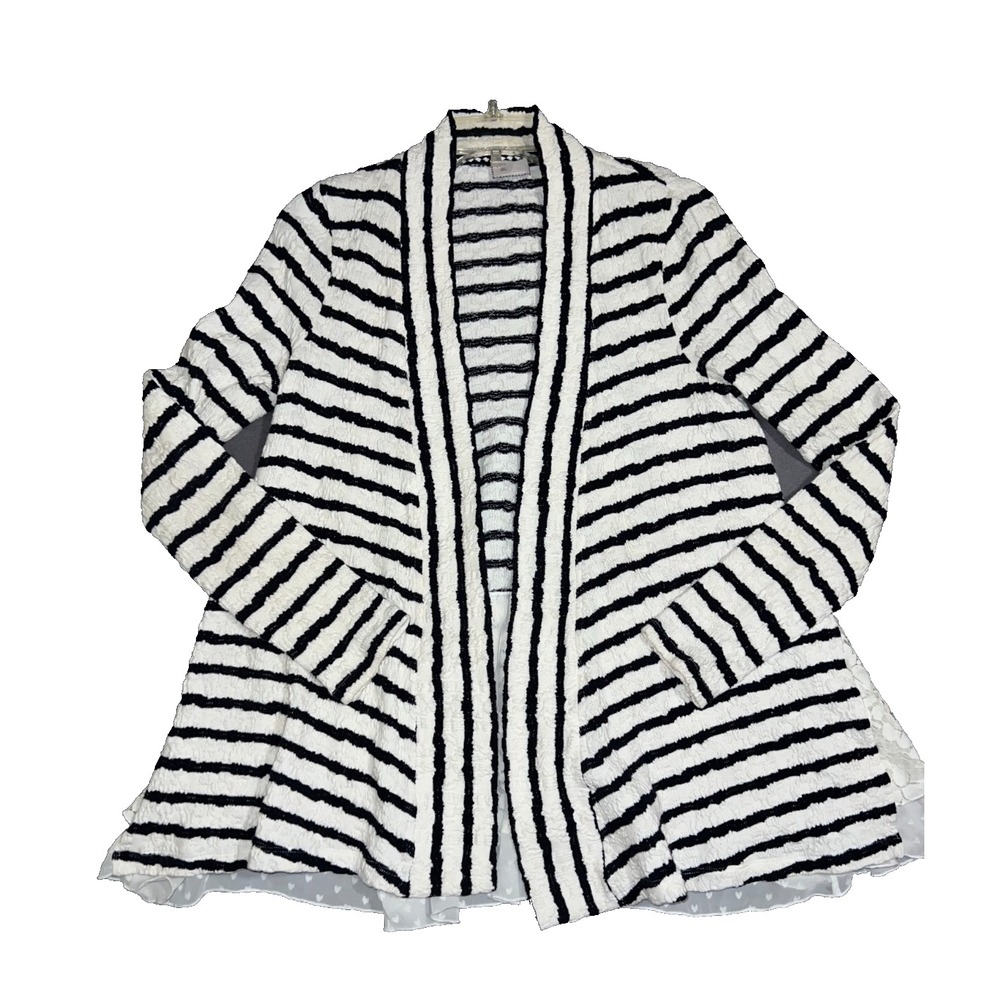 Anthropologie Postmark Striped Lace Hem Open Front Cardigan Black White Small - Picture 6 of 9